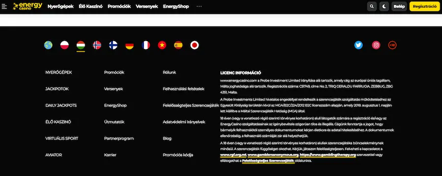 Energy Casino Licenc információ